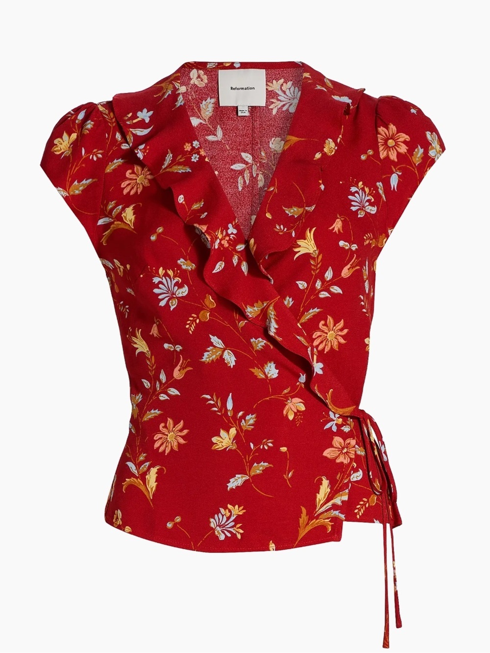 NEW REFORMATION Clemence Floral Crepe Wrap Top Red Floral Ruffle Sz 6